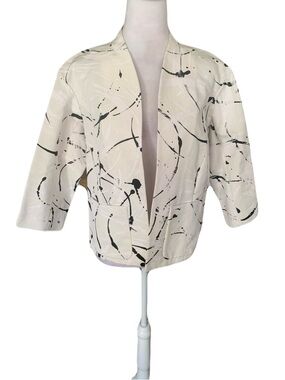 Lafayette 148 Small White Cream Black Abstract Paint Splatter Open-Front Jacket